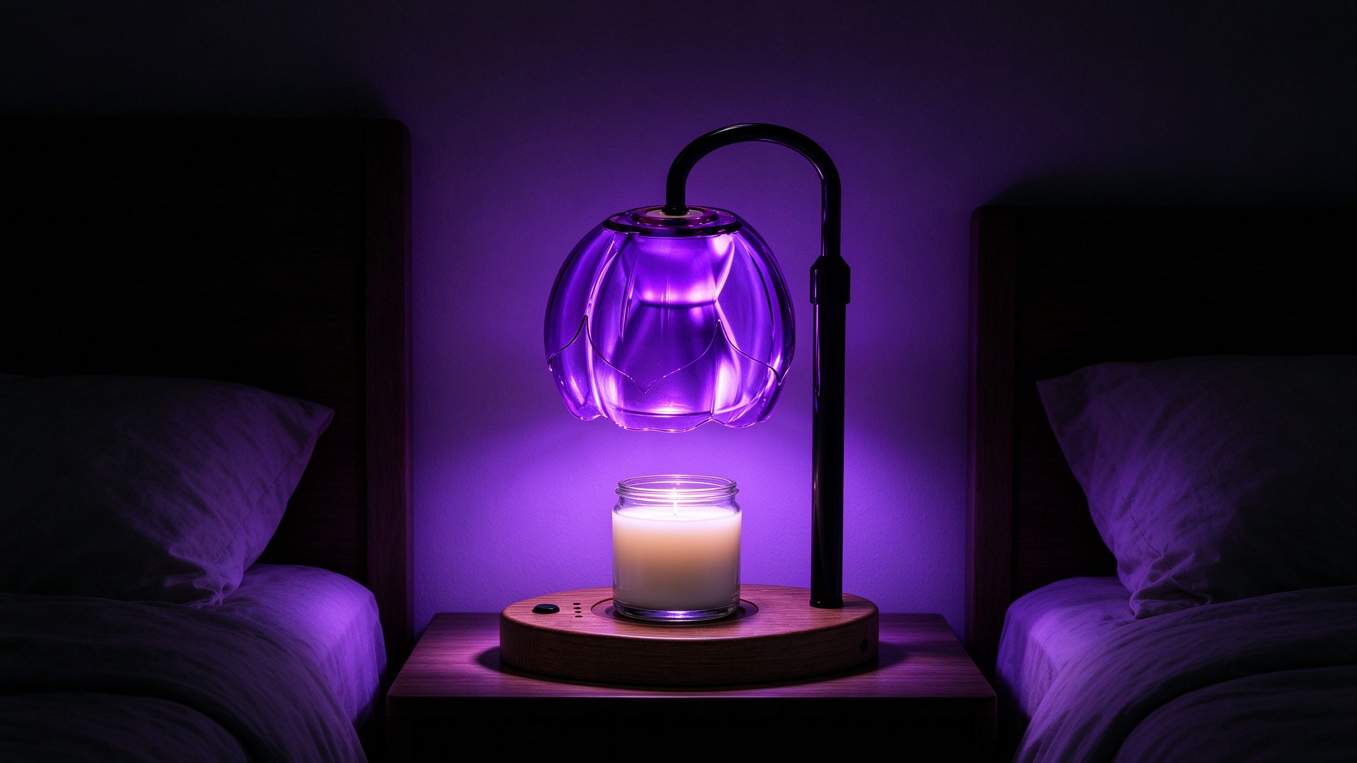 The warmer washing a bedroom wall in pure purple light, with no yellow bulb glow mixed in.