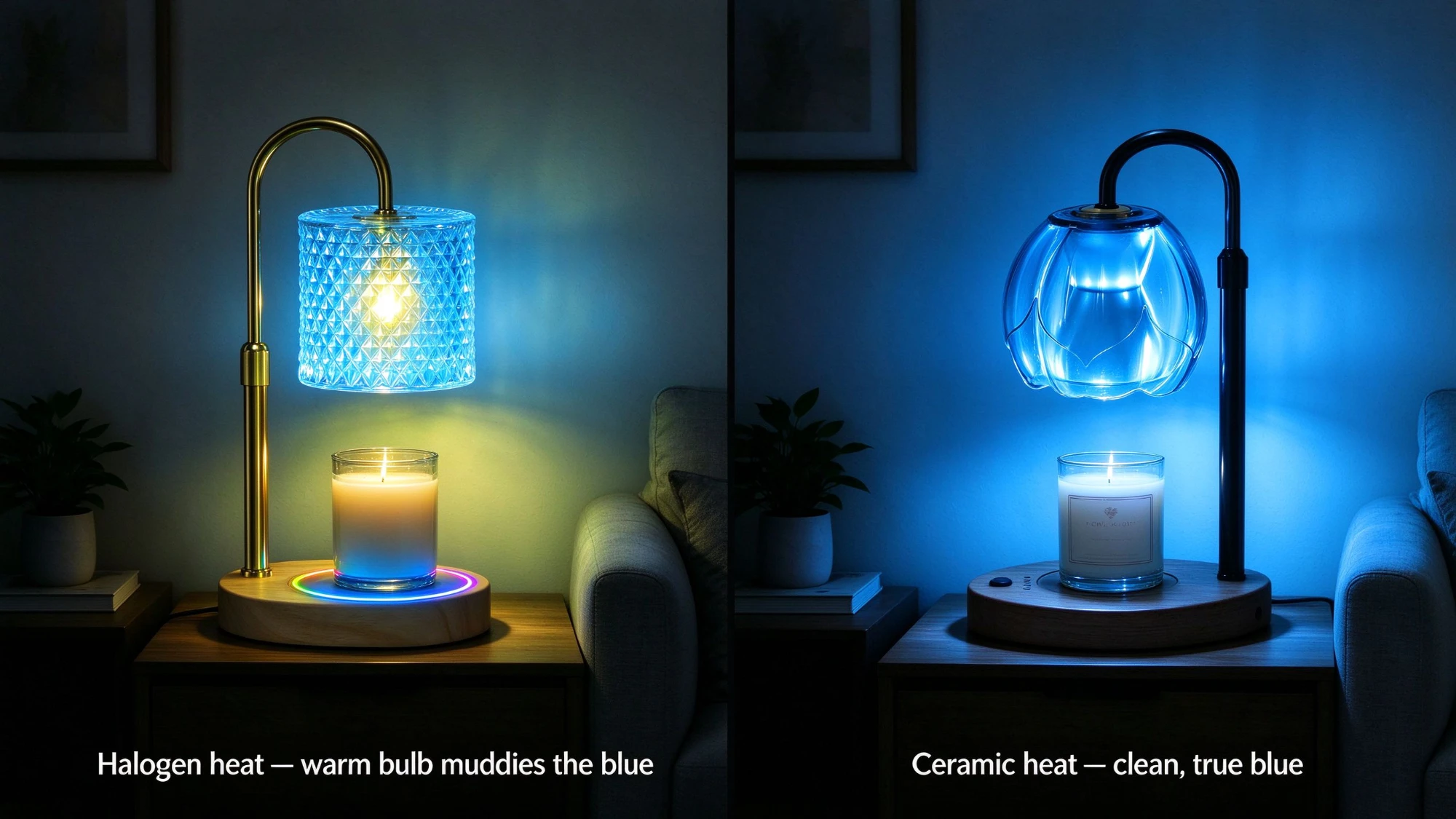 Comparison: the same room with a halogen-bulb warmer, whose bulb light mixes into the color, and this candle warmer, whose ceramic heat adds no bulb light.
