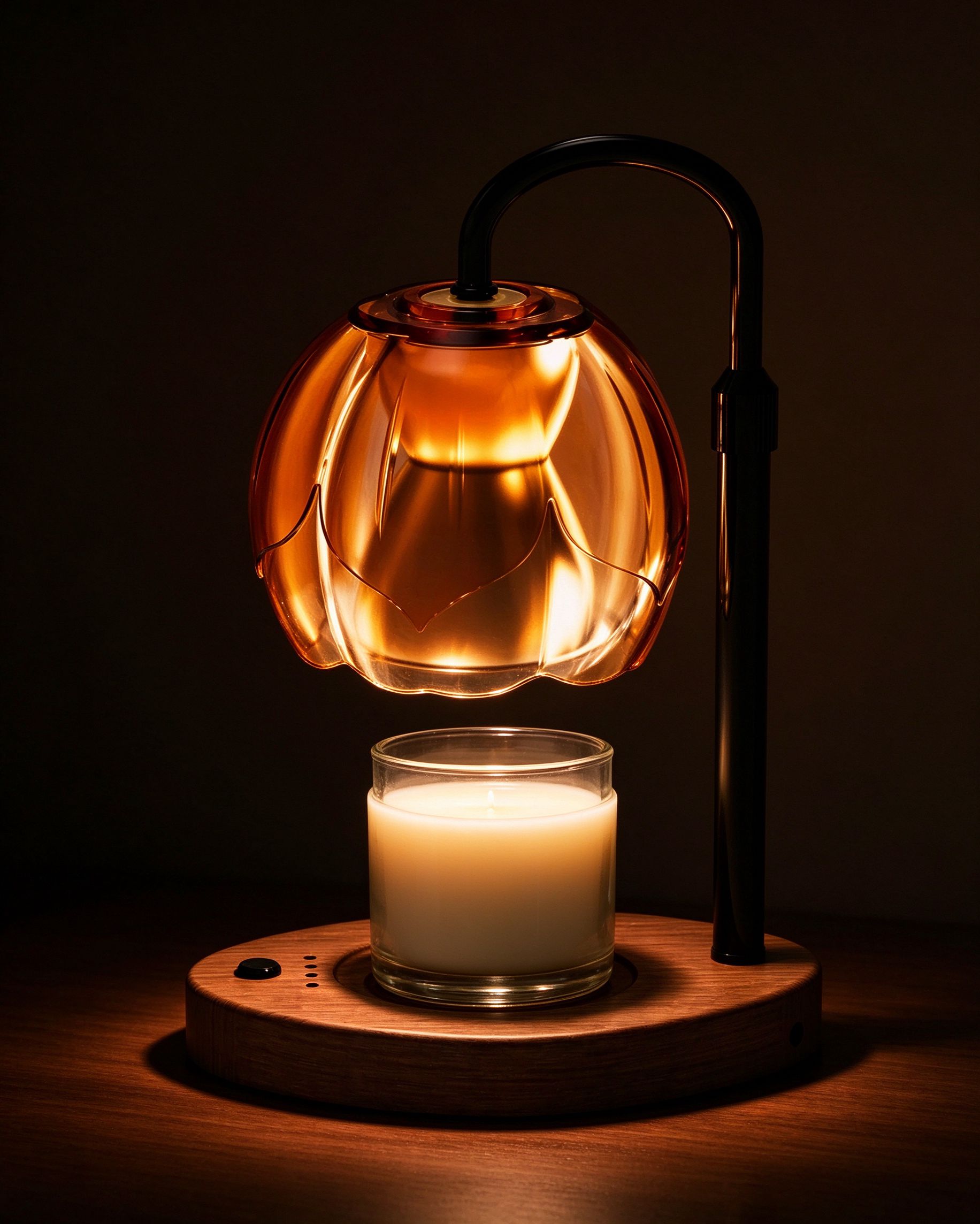 Candle warmer glowing amber in a dark room at night, its warm light pooling on the walnut base.