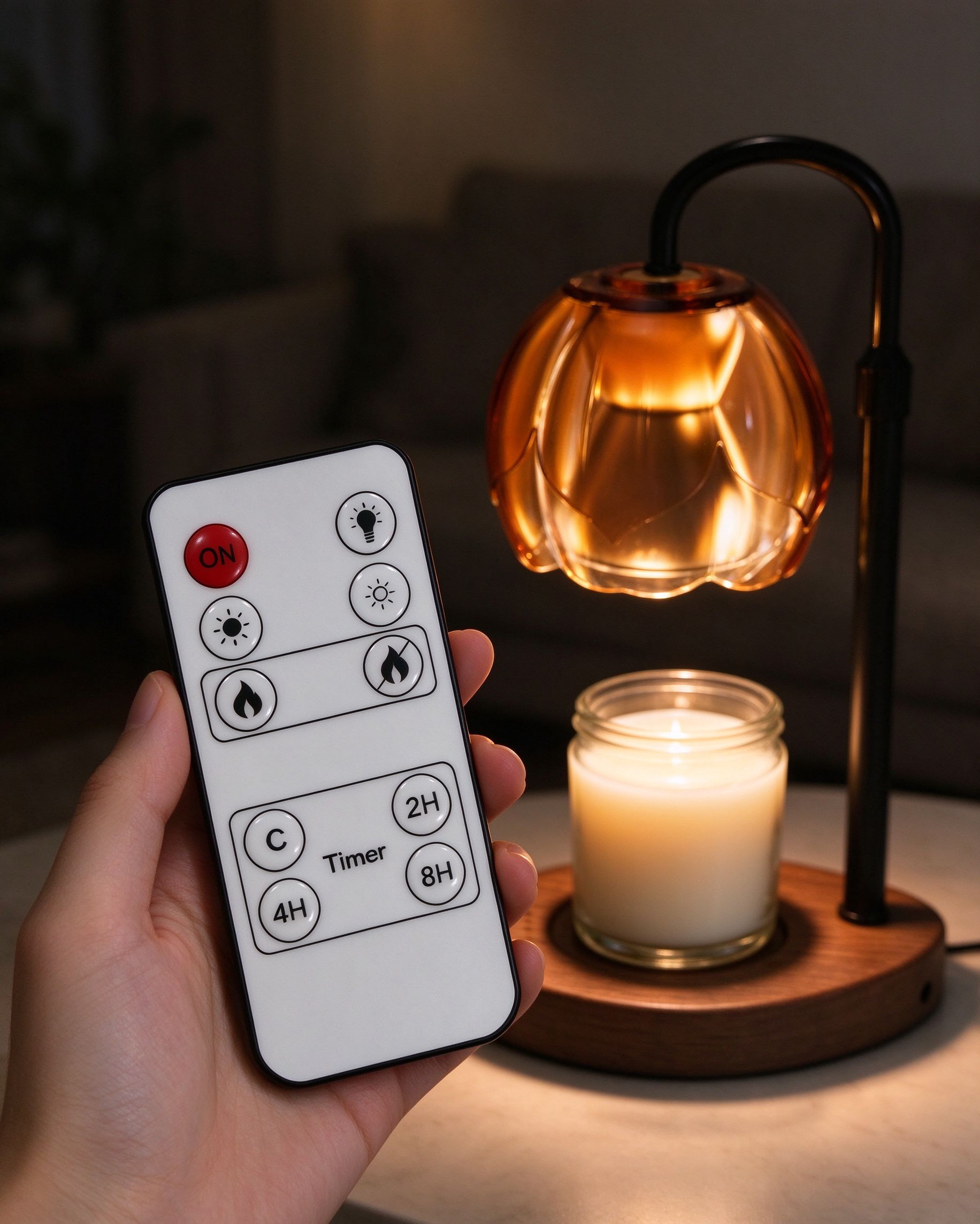 Hand pointing the white remote toward the candle warmer glowing amber across the room.